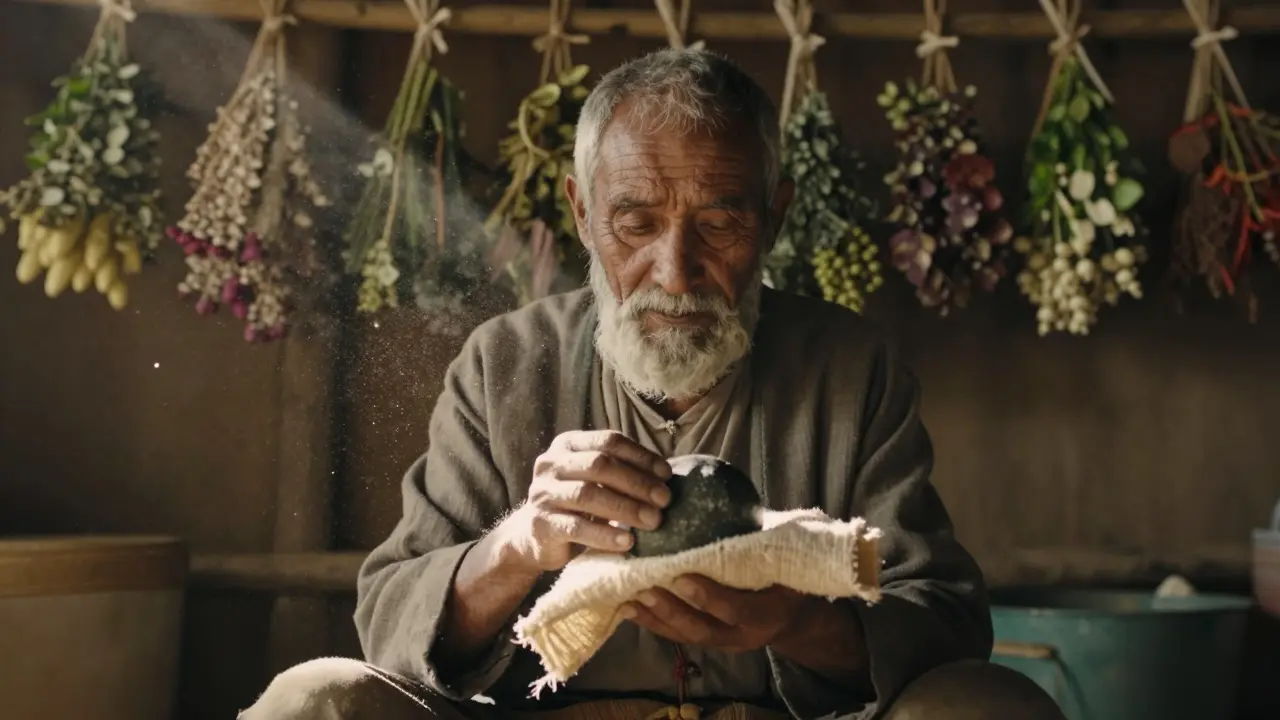 Älterer Heiler hält einen warmen Stein mit umhülltem Tuch.