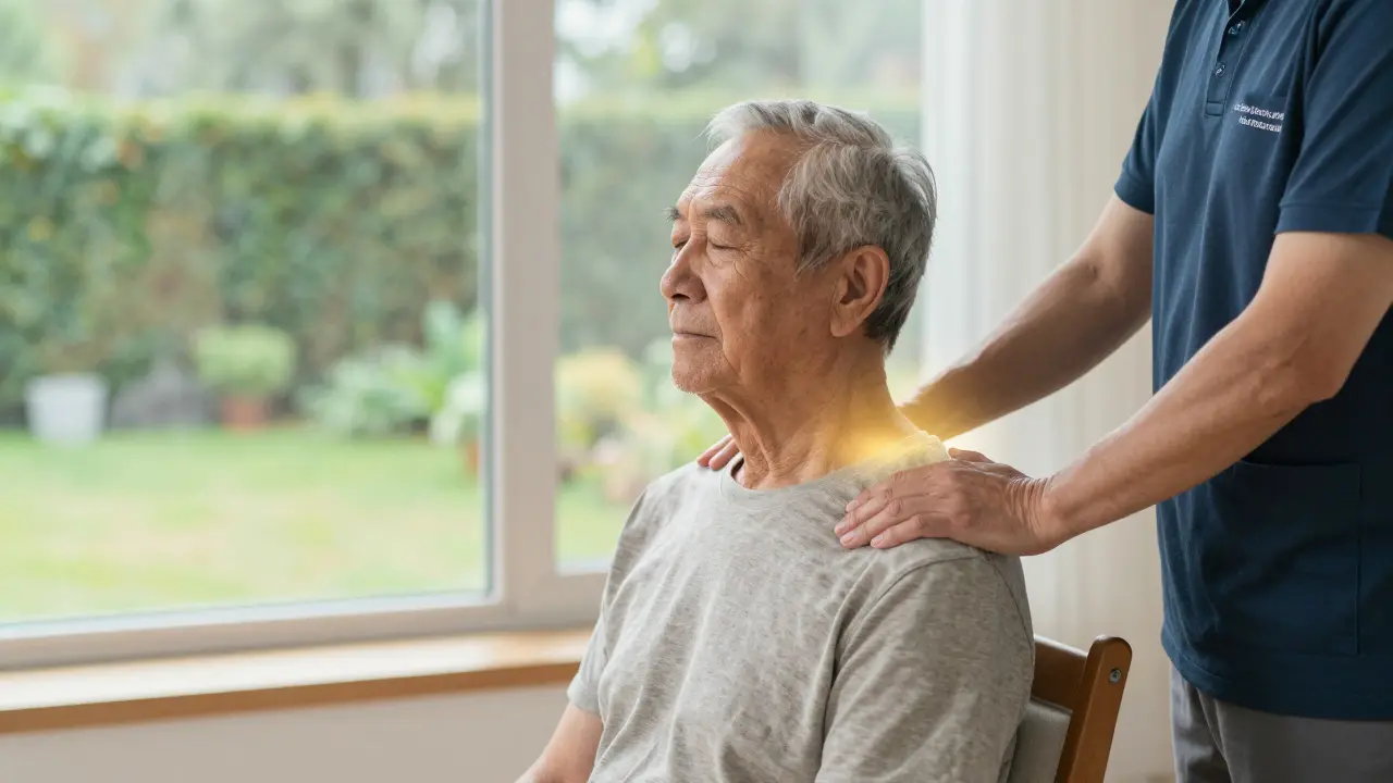 Älterer Mann in Ruhe, Therapeutin hält Hände nahe der Schulter — keine Berührung, nur Präsenz.