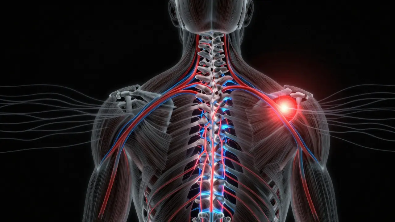 Anatomische Darstellung der Nerven- und Muskelkommunikation bei Triggerpunkten.