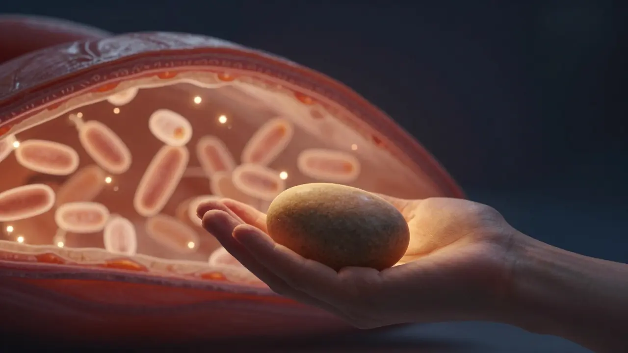 Eine Hand hält einen warmen Stein, während Mitochondrien in Gewebeschichten wie Sterne leuchten.