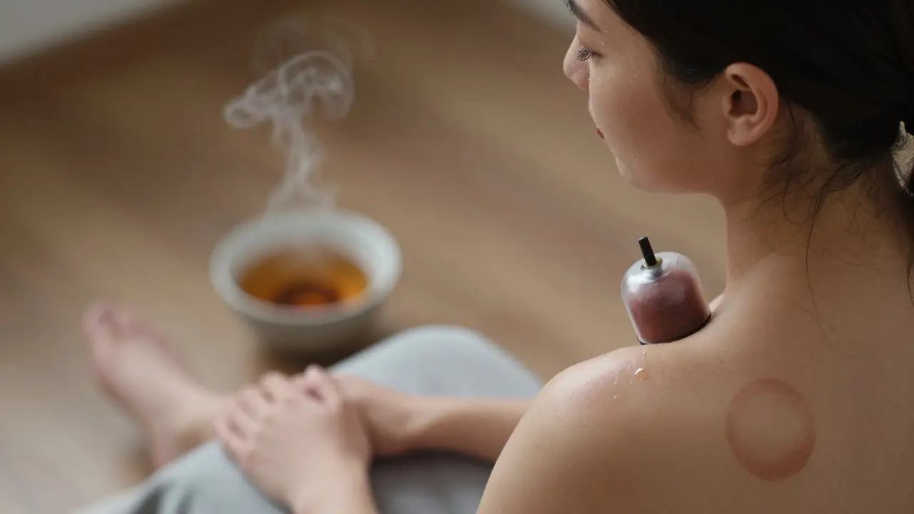 Eine Person sitzt entspannt nach einer Cupping-Sitzung, mit sanften Kreismarkierungen auf den Schultern.