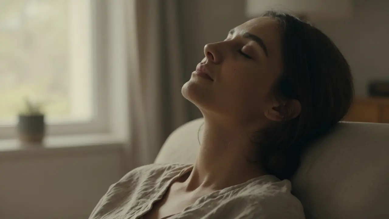 Frau mit geschlossenen Augen atmet ruhig und ausstrahlt innere Stärke.