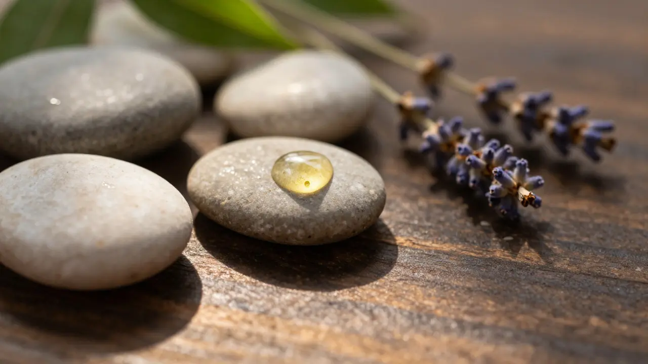 Makroaufnahme von Steinen und Öltropfen auf Holz für natürliche Heilung.