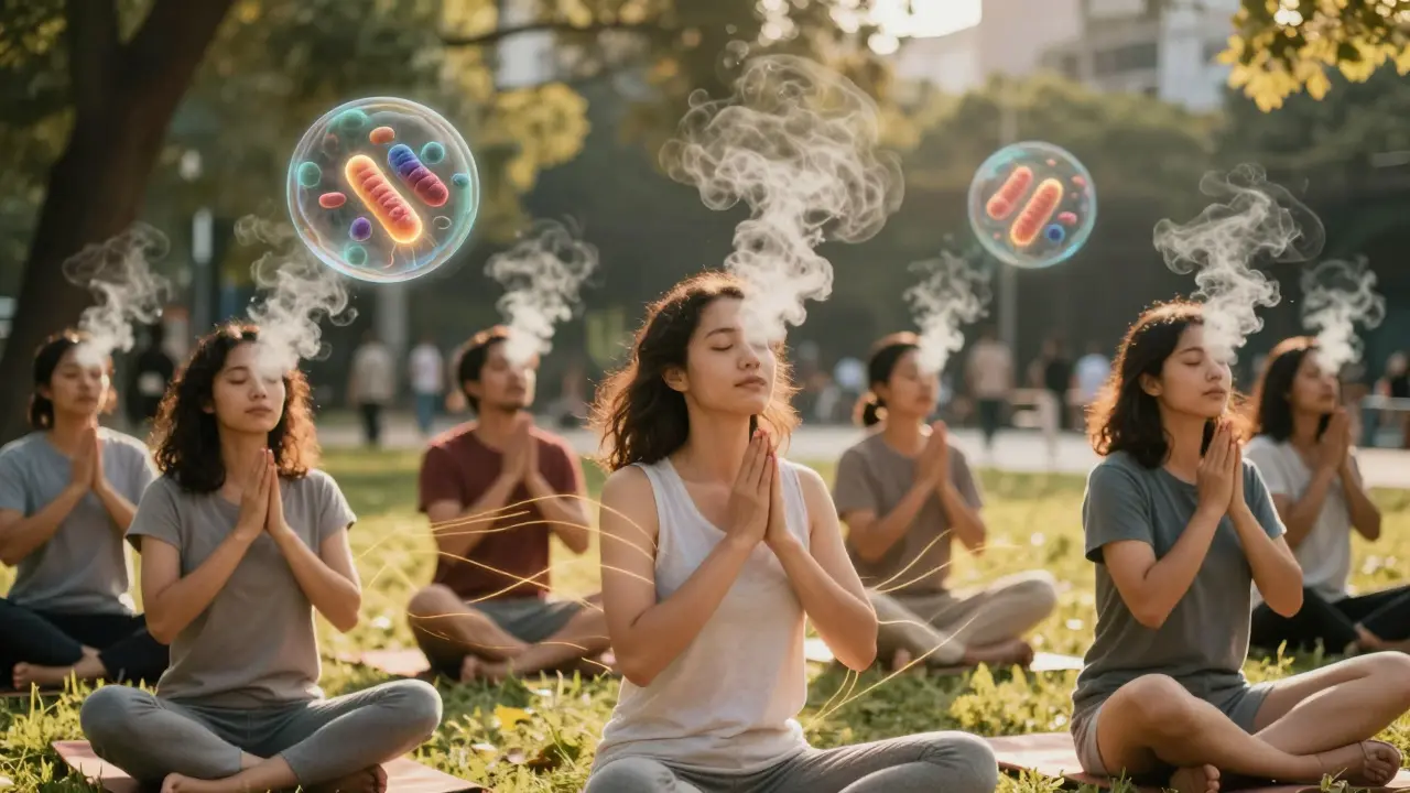 Menschen atmen bewusst im Park, während bioenergetische Lichtströme durch ihre Körper fließen.