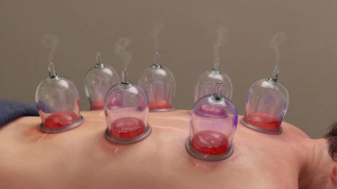 Nahaufnahme des Rückens mit sichtbarer erhöhter Durchblutung unter den Cupping-Gläsern.