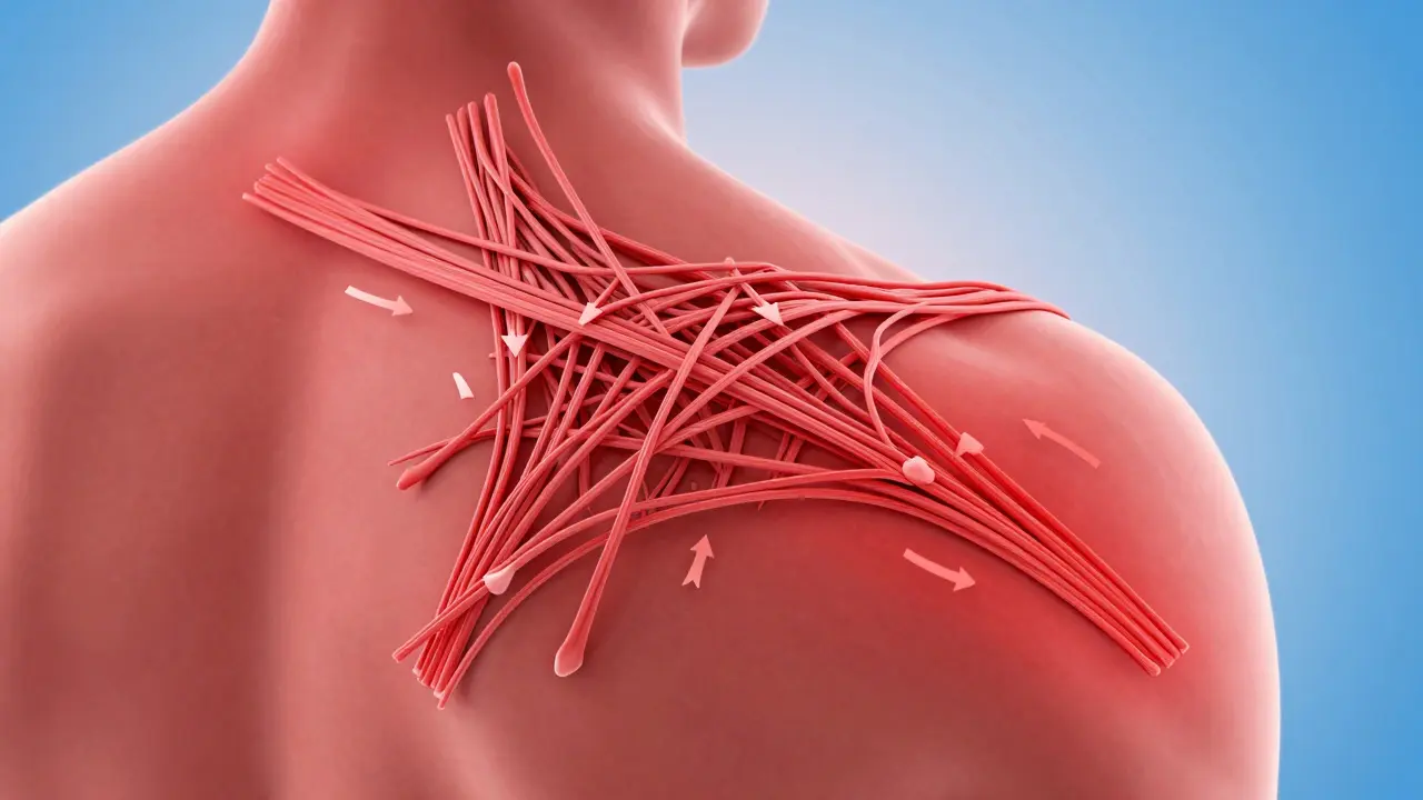 Unsichtbare Fasern werden quer durchtrennt, um Gewebeverklebungen im Schulterbereich zu reparieren.