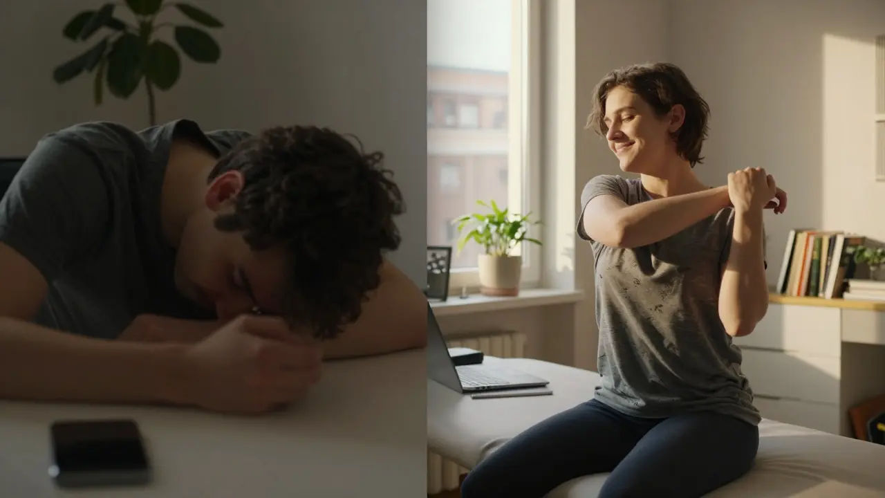 Vergleich: Verspannte Person am Schreibtisch vs. entspannte Person nach Therapie.