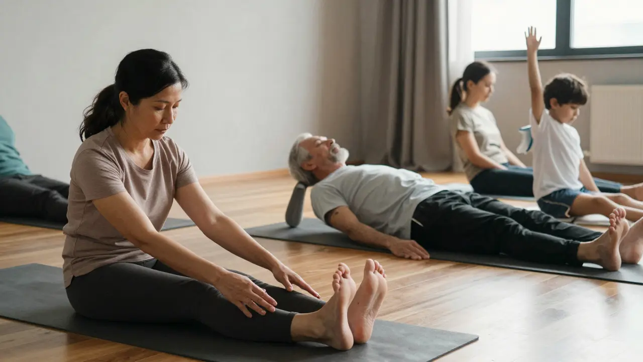 Verschiedene Menschen üben sanfte, alltägliche Bewegungen zu Hause — ohne Anstrengung, nur Wahrnehmung.