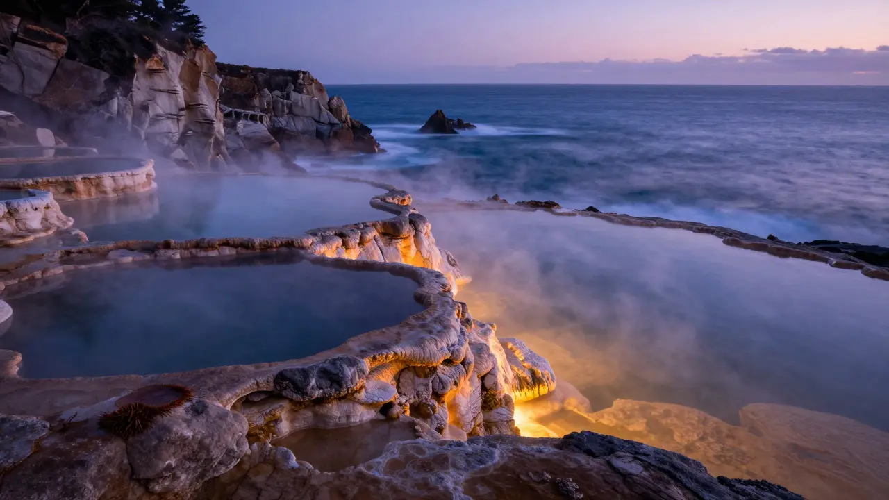 Dampfende natürliche heiße Quellen an der felsigen Küste von Big Sur bei Dämmerung.