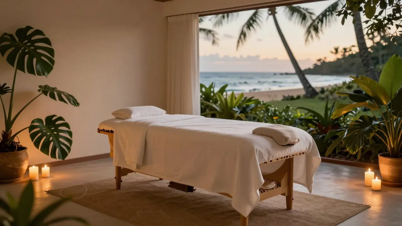 Ein ruhiger, Zen-artiger Massageraum mit tropischen Elementen und warmem Kerzenschein.