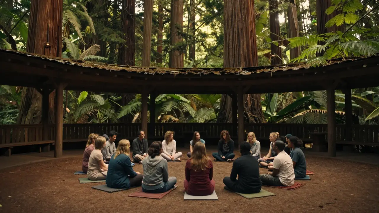 Eine Gruppe von Menschen sitzt in einem Kreis in einem Pavillon im Redwood-Wald.