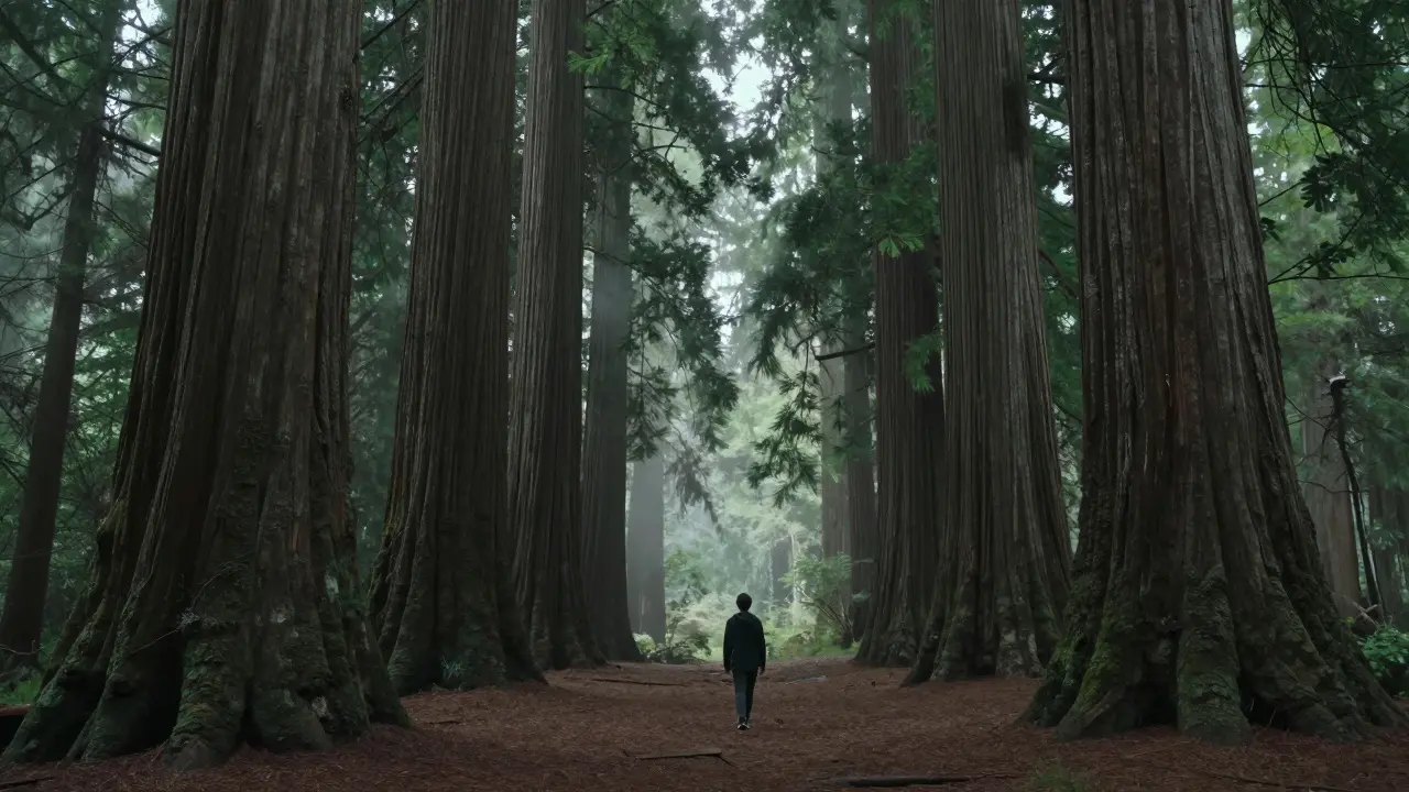 Eine Person wandert meditativ durch einen riesigen Hain aus Mammutbäumen im Nebel.