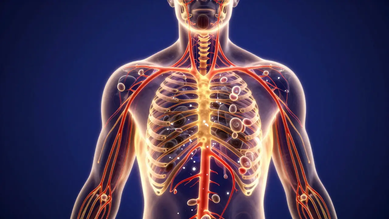 Konzeptgrafik des Lymphsystems und aktivierter Immunzellen im Körper.