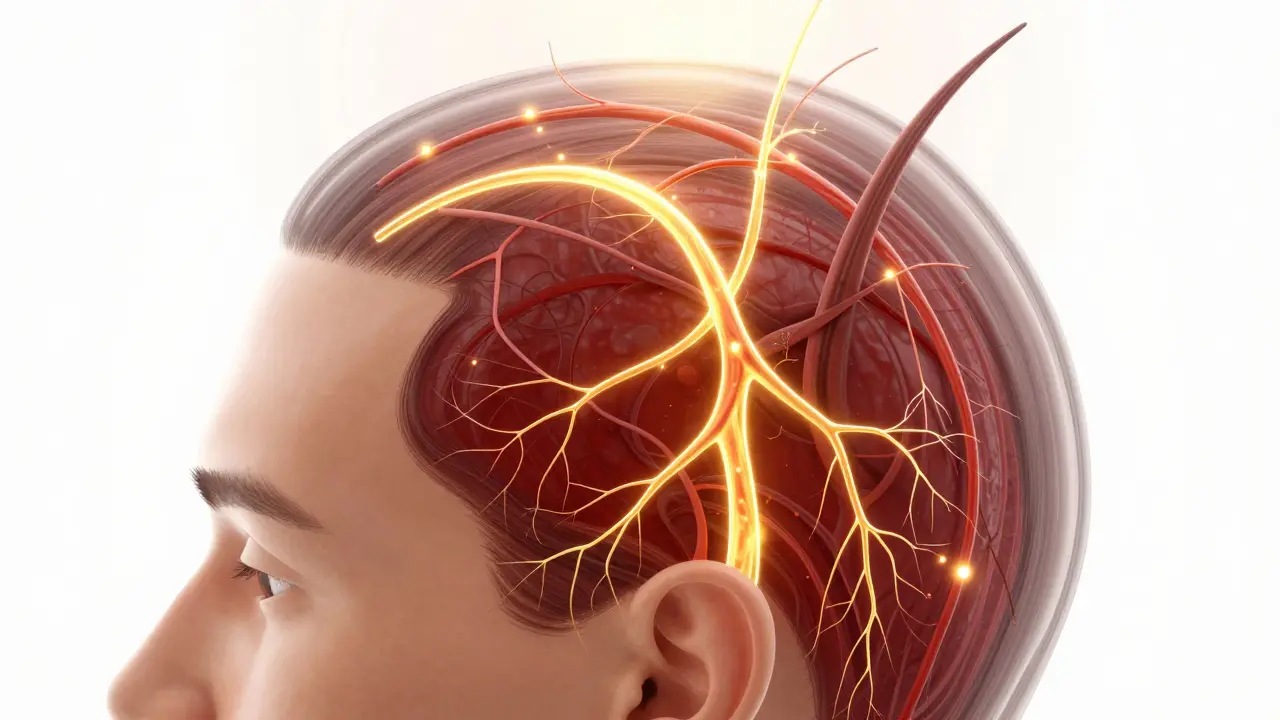 Künstlerische Darstellung der gesteigerten Durchblutung der Kopfhaut.