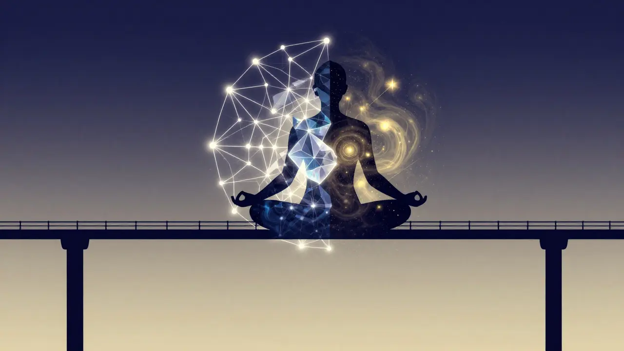 Künstlerische Darstellung eines meditierenden Menschen zwischen Wissenschaft und Mystik.