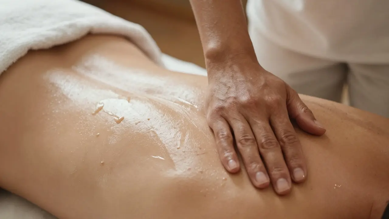 Nahaufnahme eines Unterarms, der mit Kokosöl sanft über den Rücken gleitet.