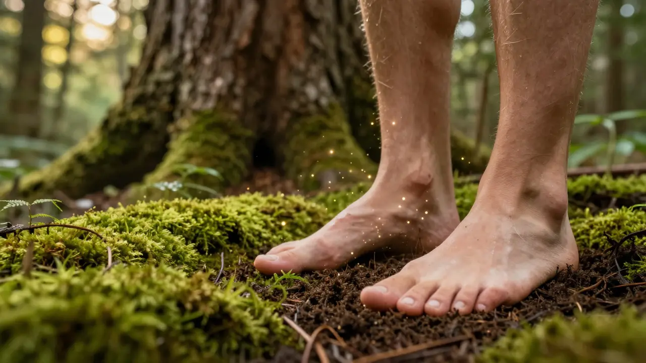 Nahaufnahme von nackten Füßen auf moosigem Waldboden mit sanftem goldem Lichtfluss aus der Erde.