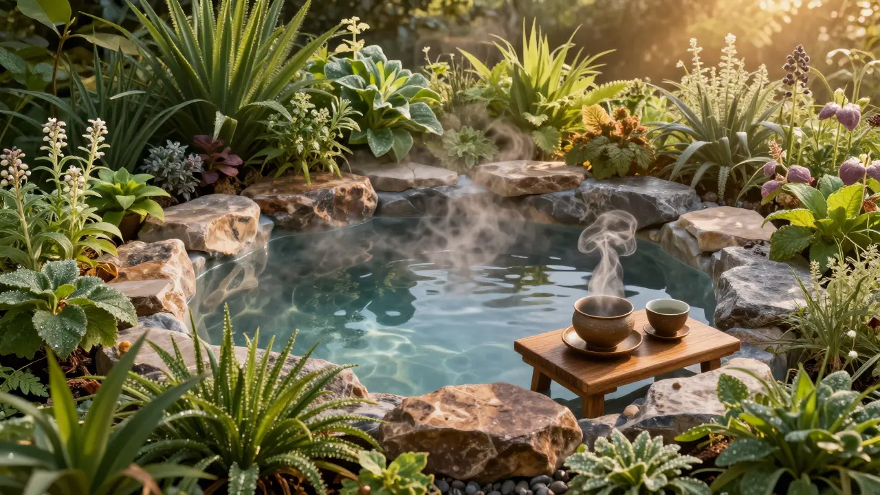 Natürliches Hydrotherapiebecken mit Heilpflanzen und einer traditionellen Tee-Zeremonie
