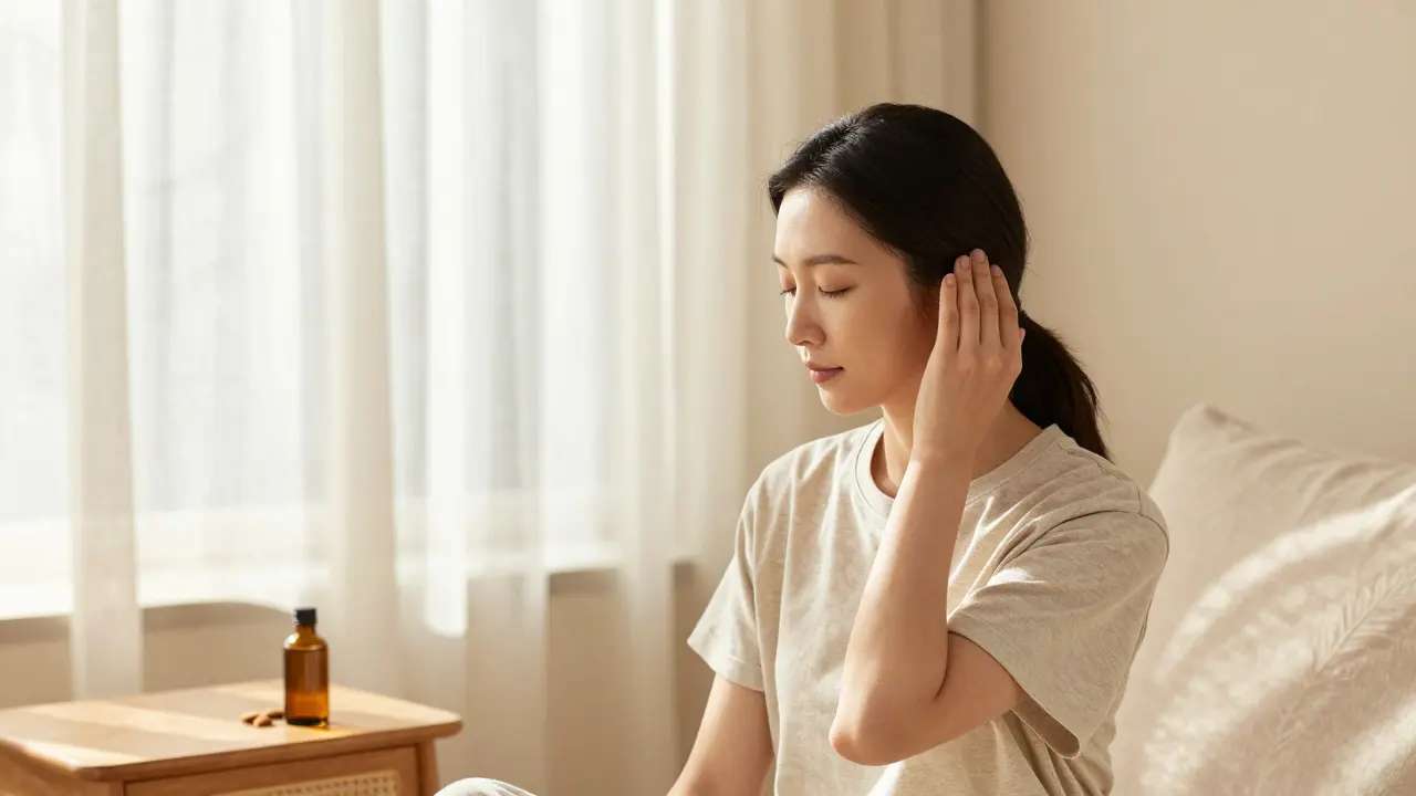 Person bei einer entspannenden Selbstmassage der Kopfhaut in hellem Raum.