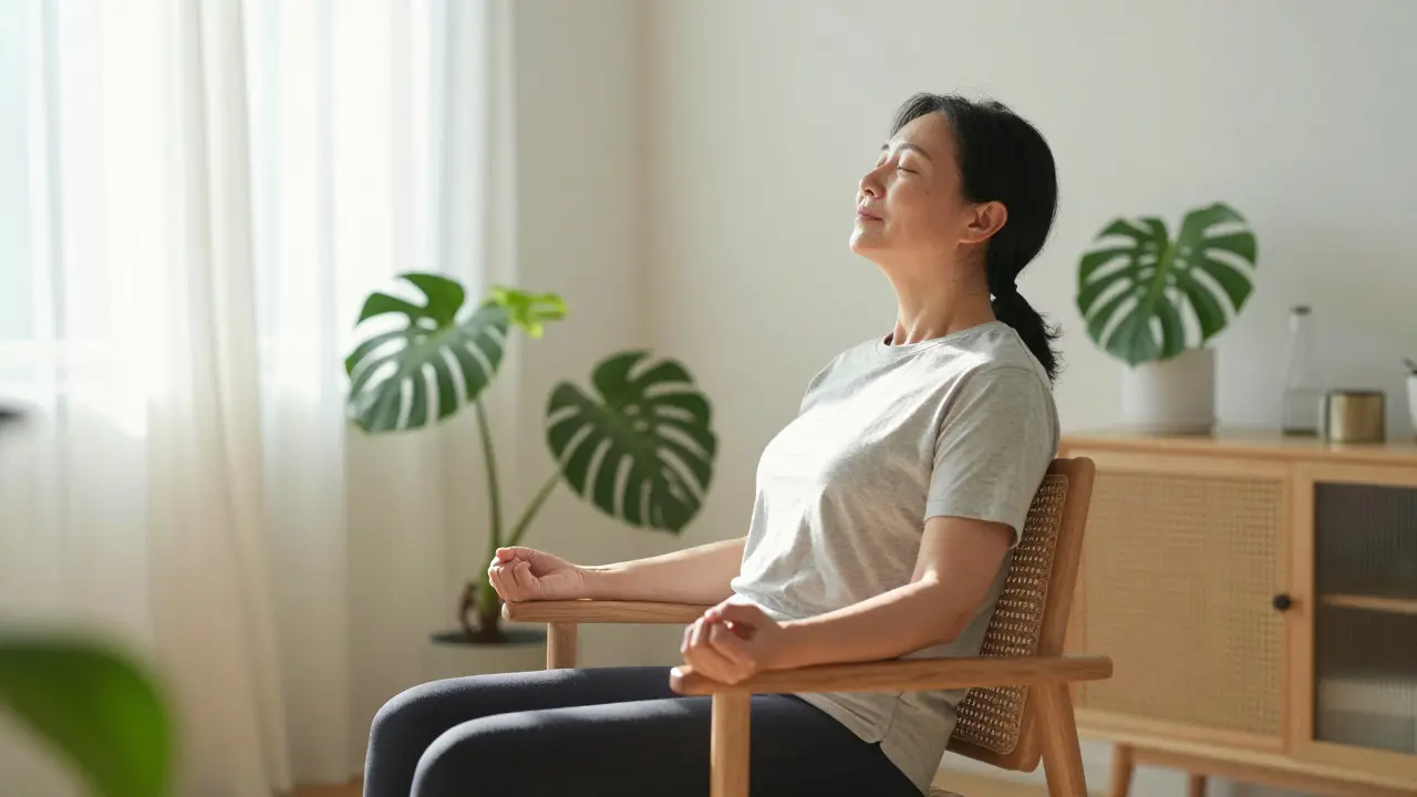 Person in einem sonnigen Raum, die entspannende, rhythmische Bewegungen im Sitzen ausführt.