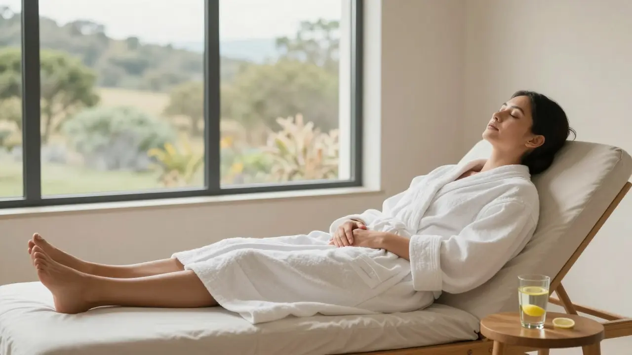 Person in einem weißen Bademantel mit einem Glas Wasser in einem Wellness-Bereich.