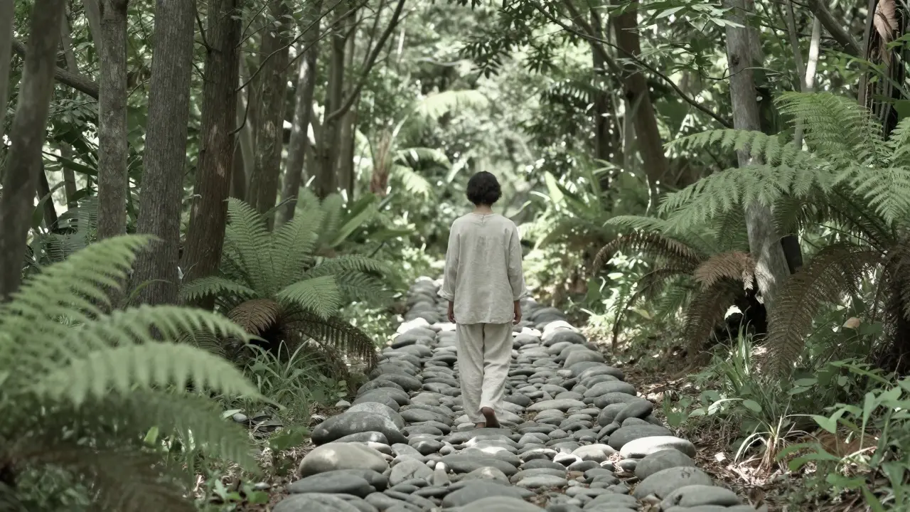 Person in Leinenkleidung auf einem meditativen Steinpfad in einem ruhigen Wald