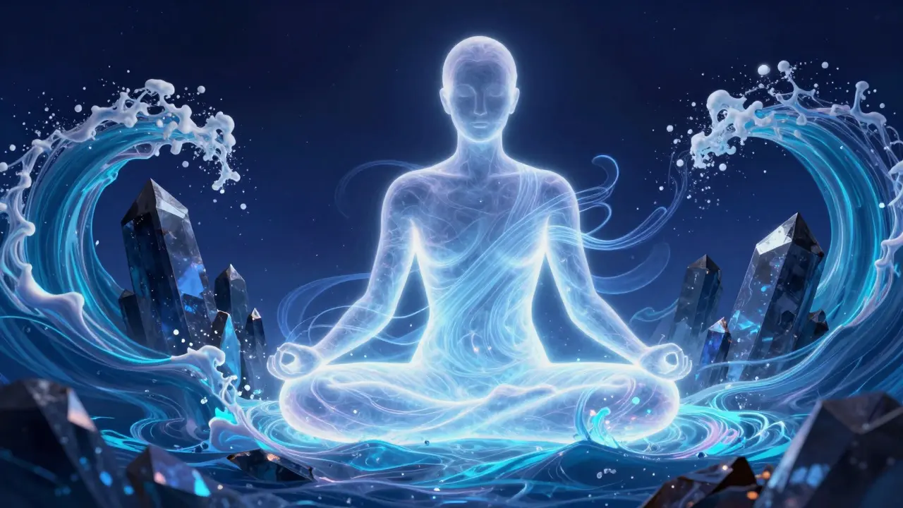 Stilisierte menschliche Silhouette, umgeben von fließenden Lichtwellen, die energetische Blockaden lösen.