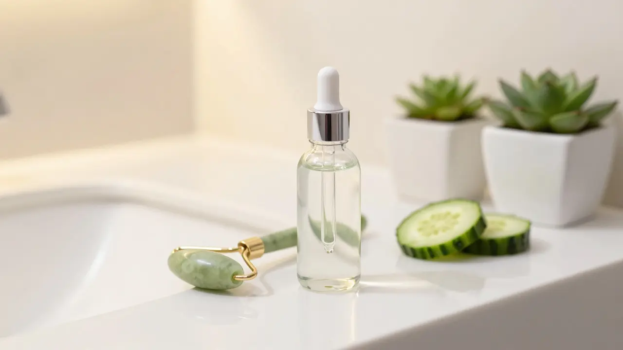 Flasche Schneckenschleim-Serum mit Jade-Roller und Gua-Sha-Stein