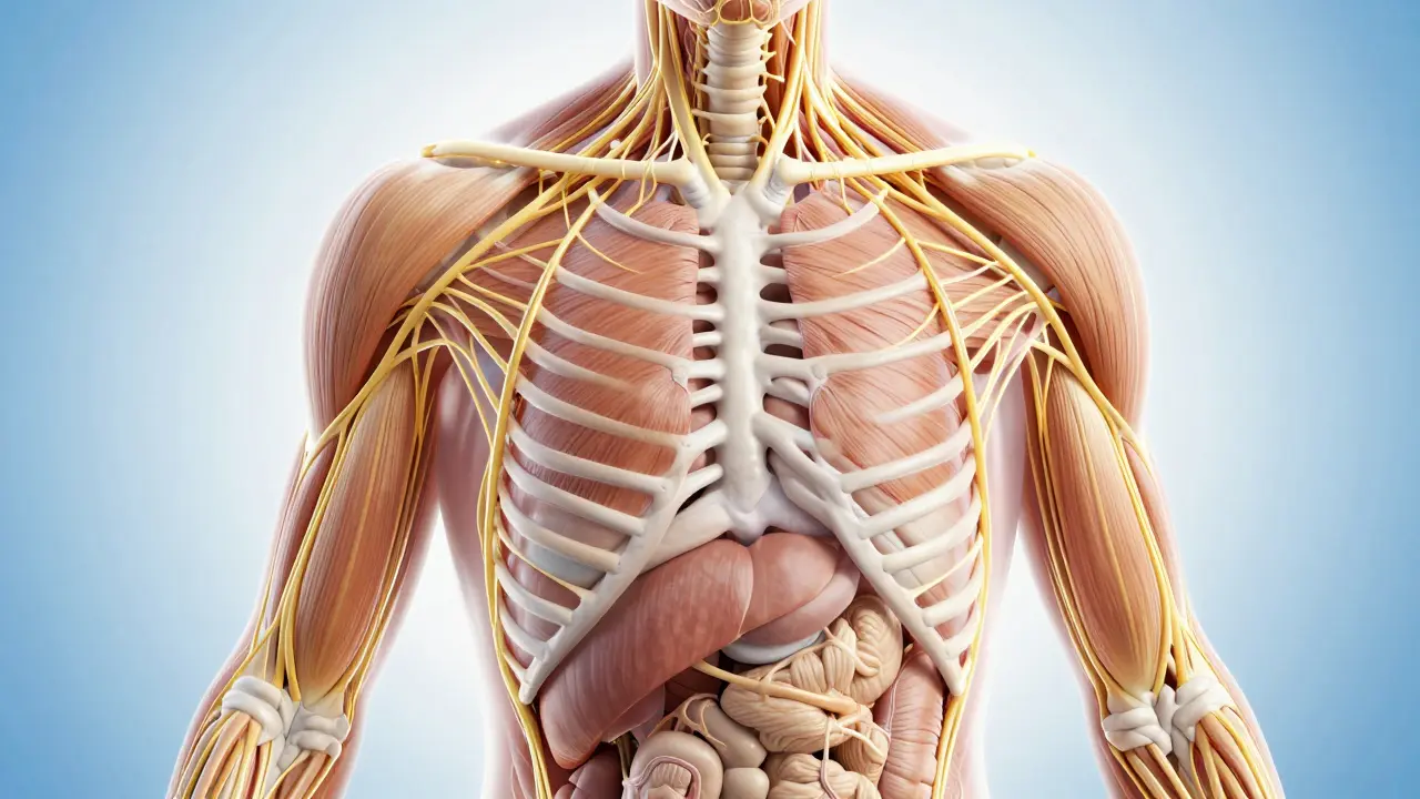 Glowing 3D illustration of human fascial network web