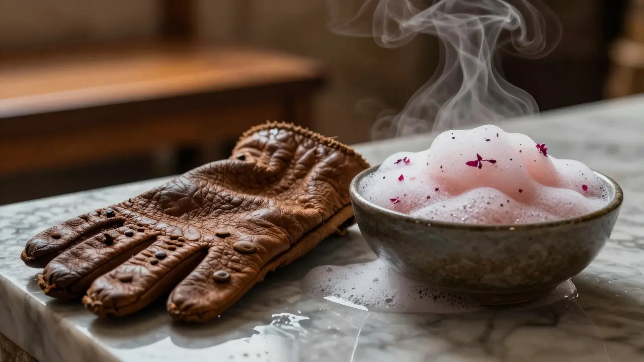 Kes-Handschuh und Seifenschaum auf Marmor im Hammam
