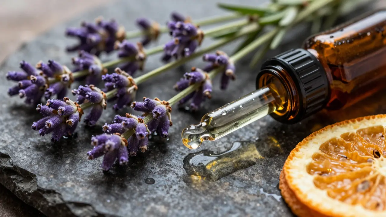 Nahaufnahme von Lavendel und ätherischen Ölen für Aromatherapie
