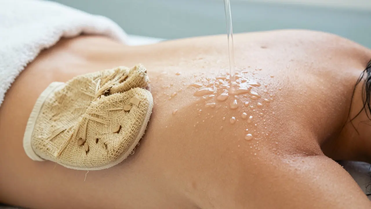 Nahaufnahme von strahlender Haut und Kese-Handschuh im Hammam
