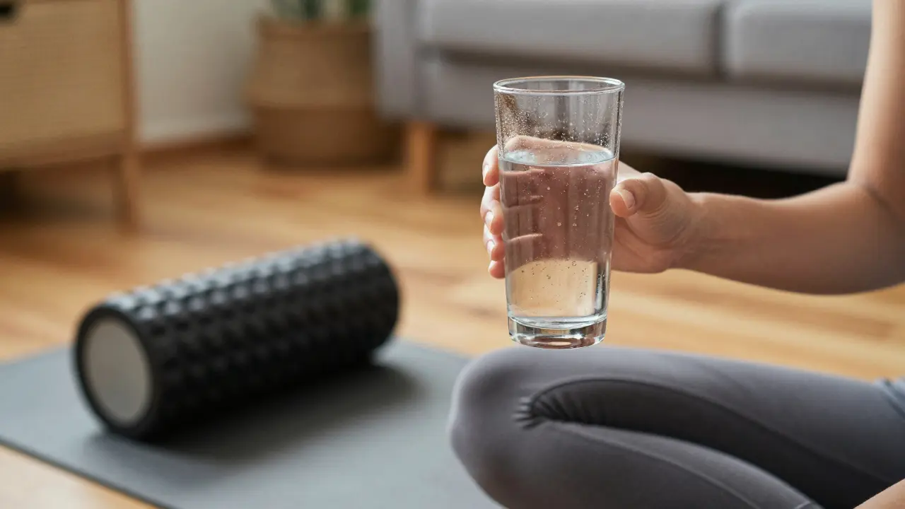 Person drinking water next to foam roller for recovery