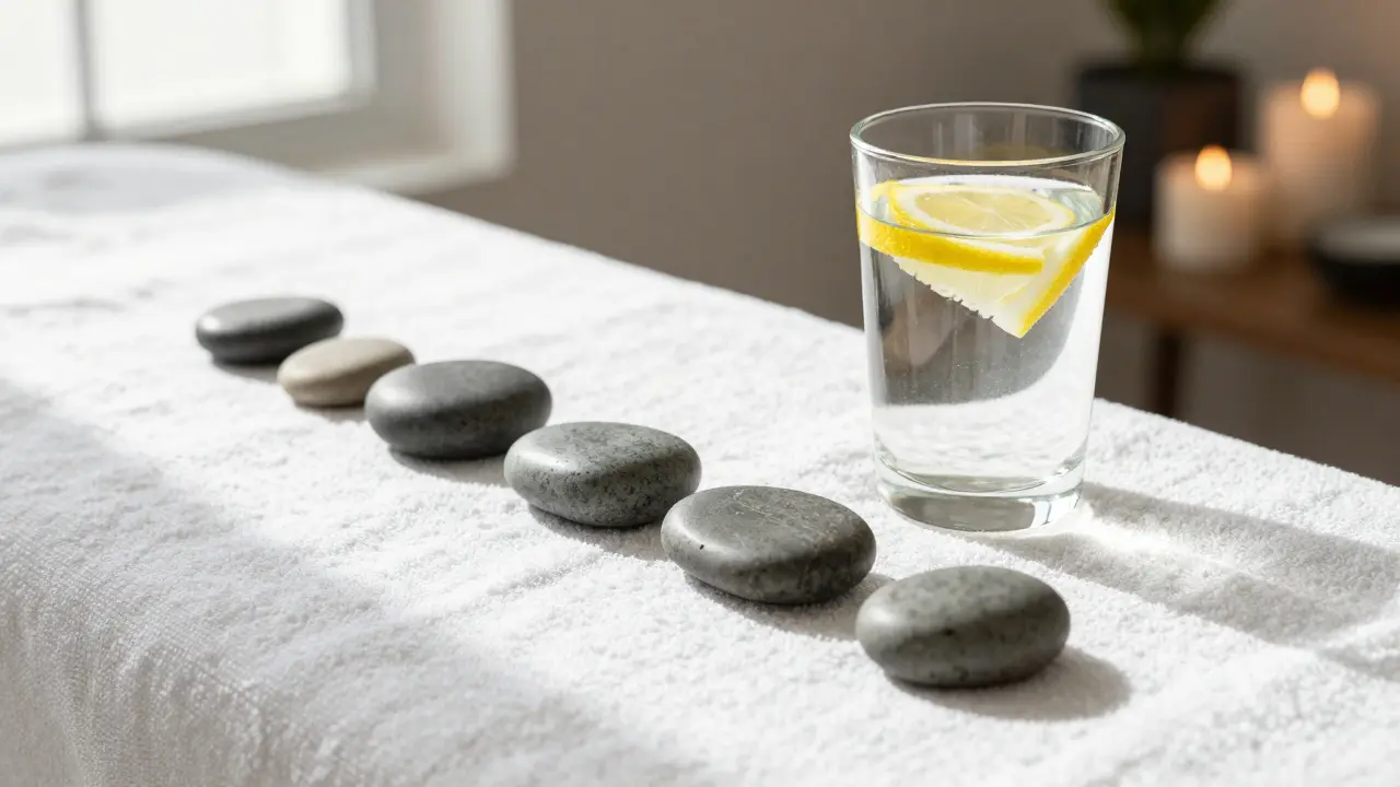 Steine auf Handtuch mit Glas Wasser nach der Behandlung