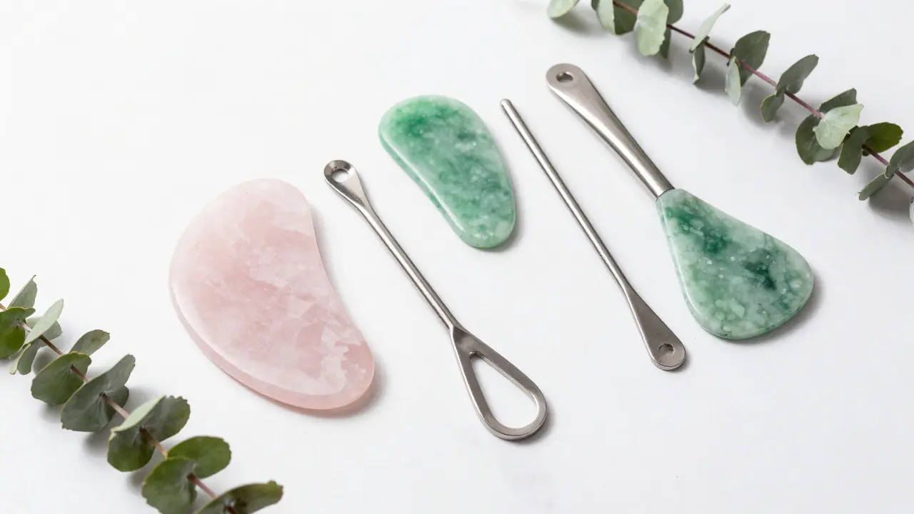 Verschiedene Gua-Sha-Steine aus Jade, Rosenquarz und Stahl auf Marmor