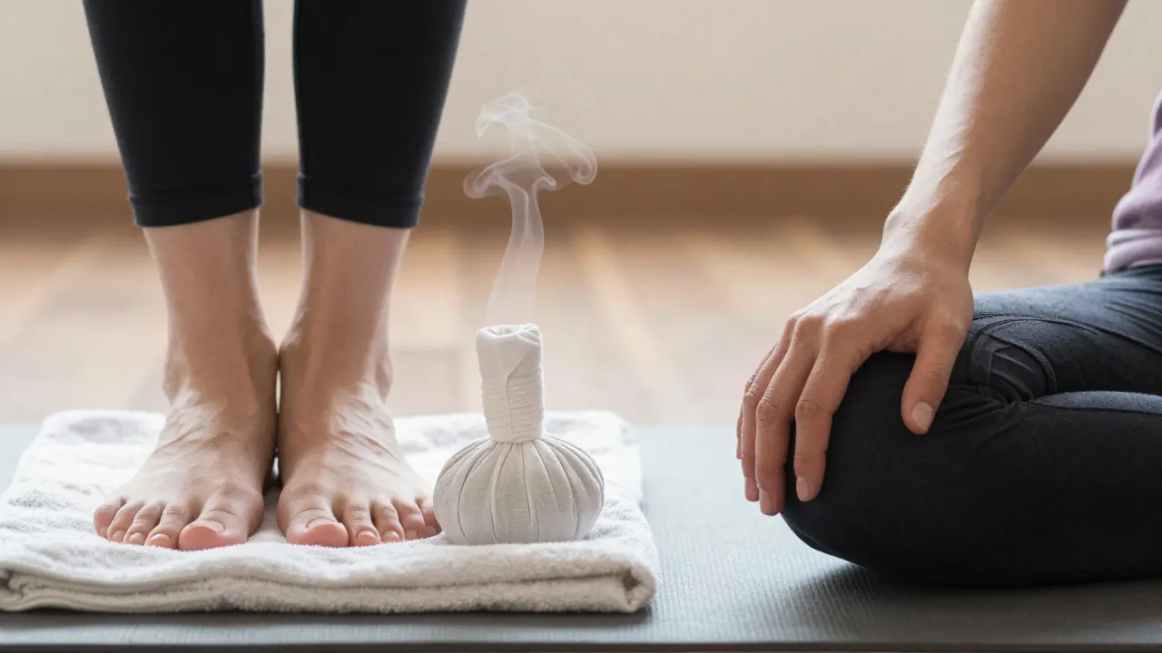 Close-up of yoga stance and relaxed hand symbolizing active and passive recovery