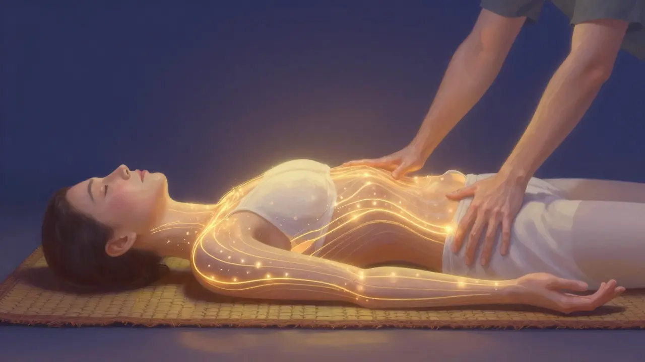 Ethereal illustration of glowing energy lines flowing through a stretched body