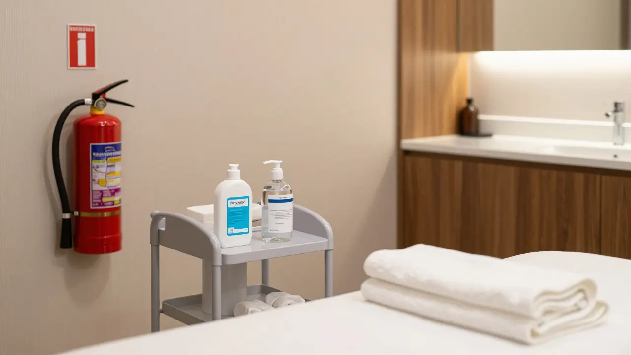 Sicheres Spa-Zimmer mit Feuerlöscher und Massageutensilien