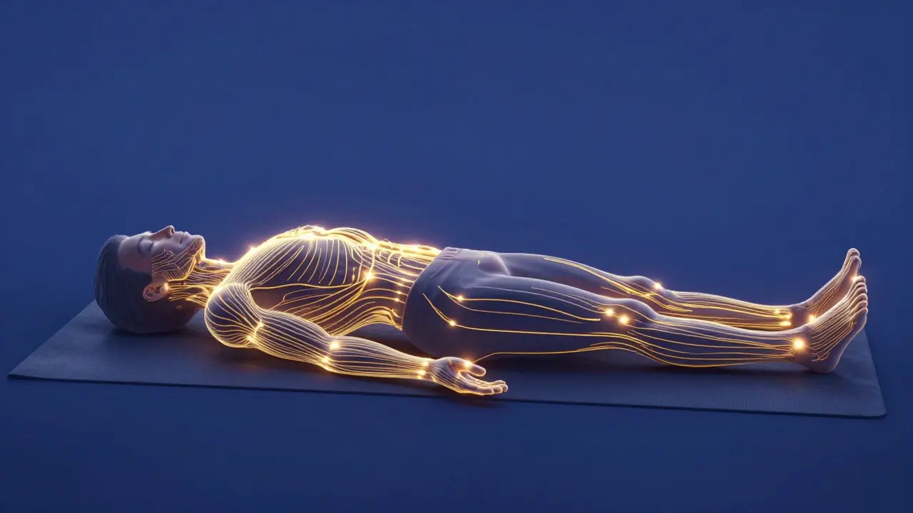 Silhouette in Savasana with glowing golden meridian energy lines