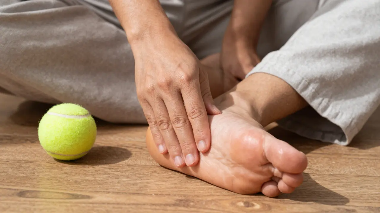 Close-up of thumb pressure on a foot sole with a massage ball nearby.