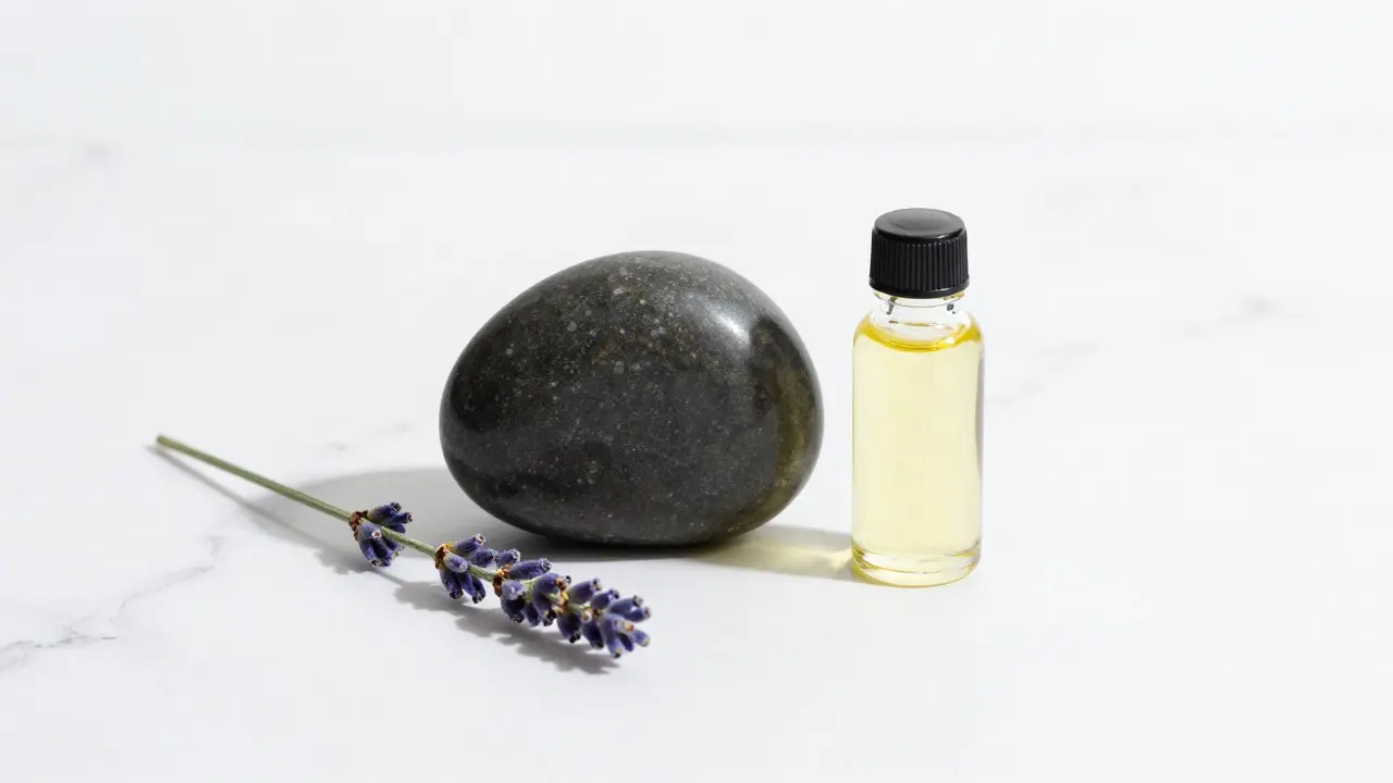 Hakali-Stein neben Massageöl und Lavendel auf weißer Marmorplatte