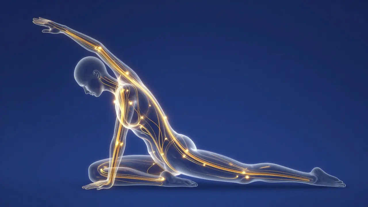 Illustration of glowing golden energy lines flowing through a stretching body.