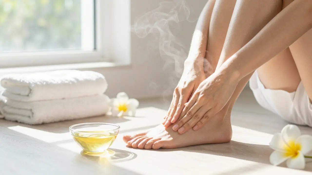 Person führt morgens eine Selbstmassage mit Öl zu Hause durch