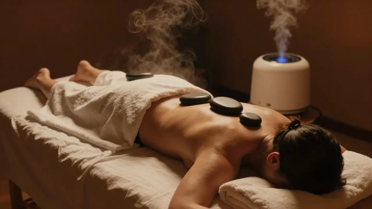 Person mit heißen Steinen auf dem Rücken während einer entspannenden Massage