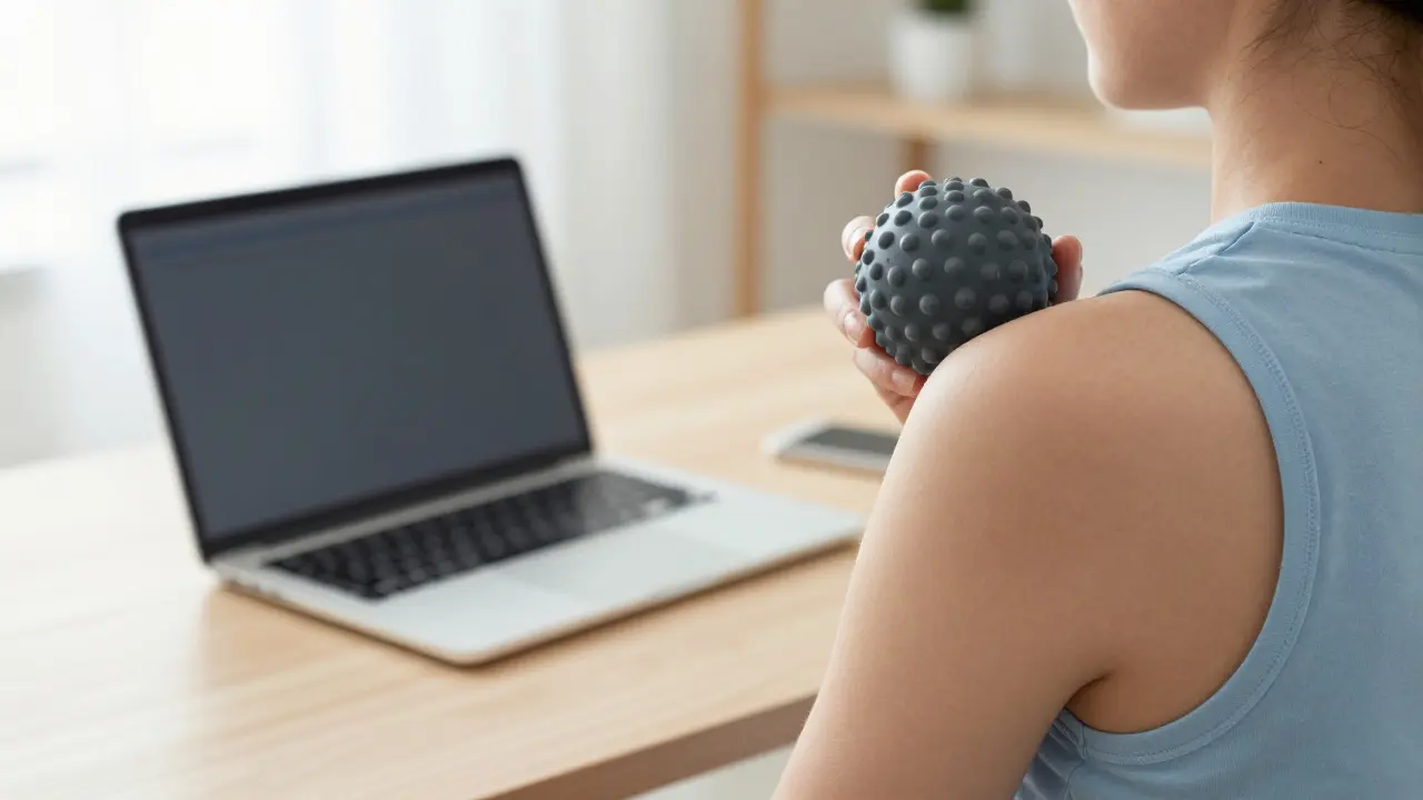 Person nutzt einen Massageball zur Selbstbehandlung am Rücken