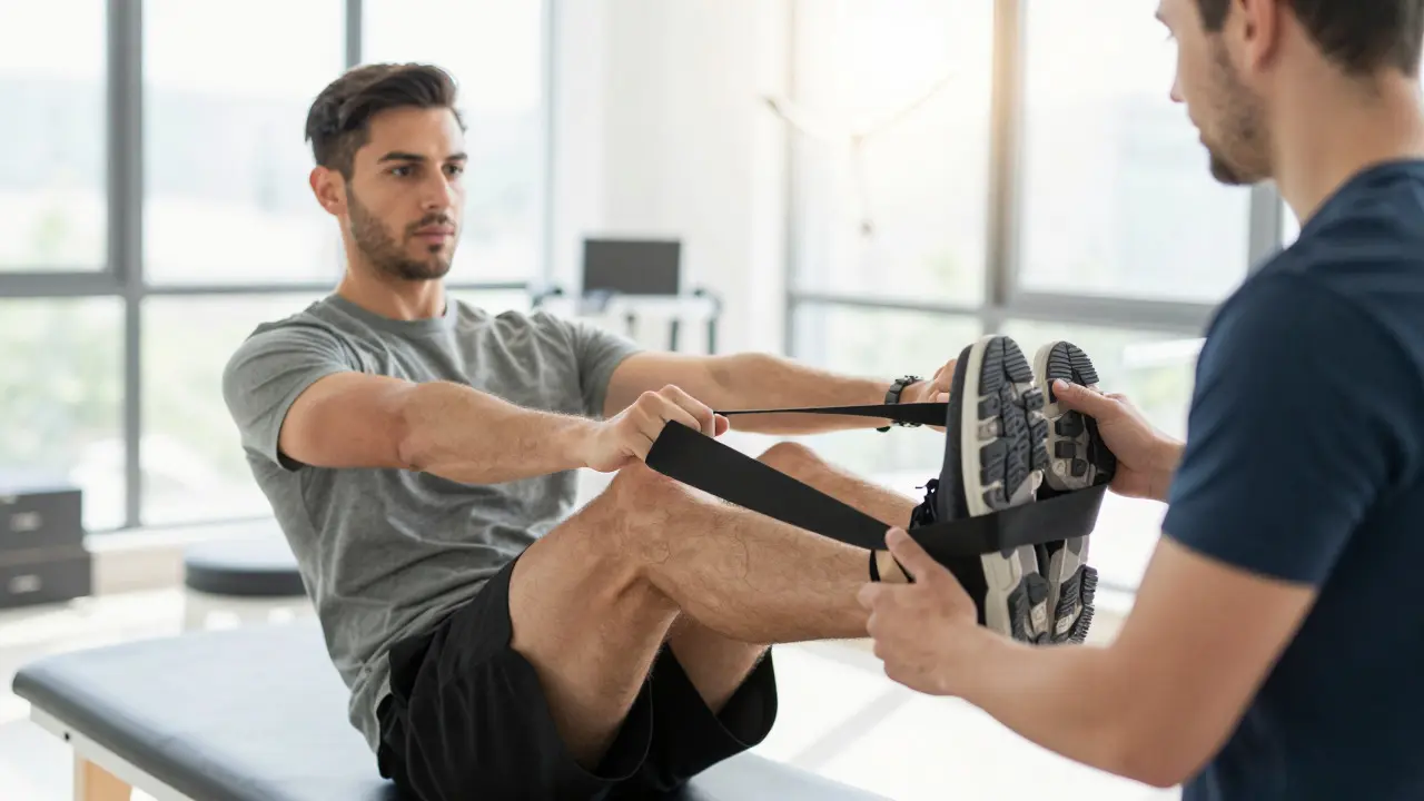 Sportler bei der Rehabilitation nach Sehnenoperation mit Physiotherapeut