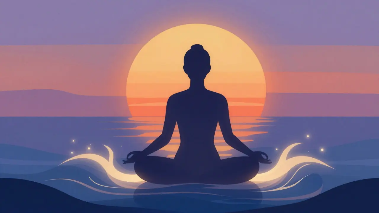 Abstract figure surrounded by flowing light waves against a sunset