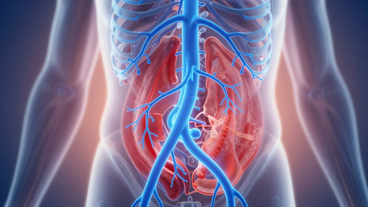 Abstrakte Darstellung des Lymphflusses im Bauchraum