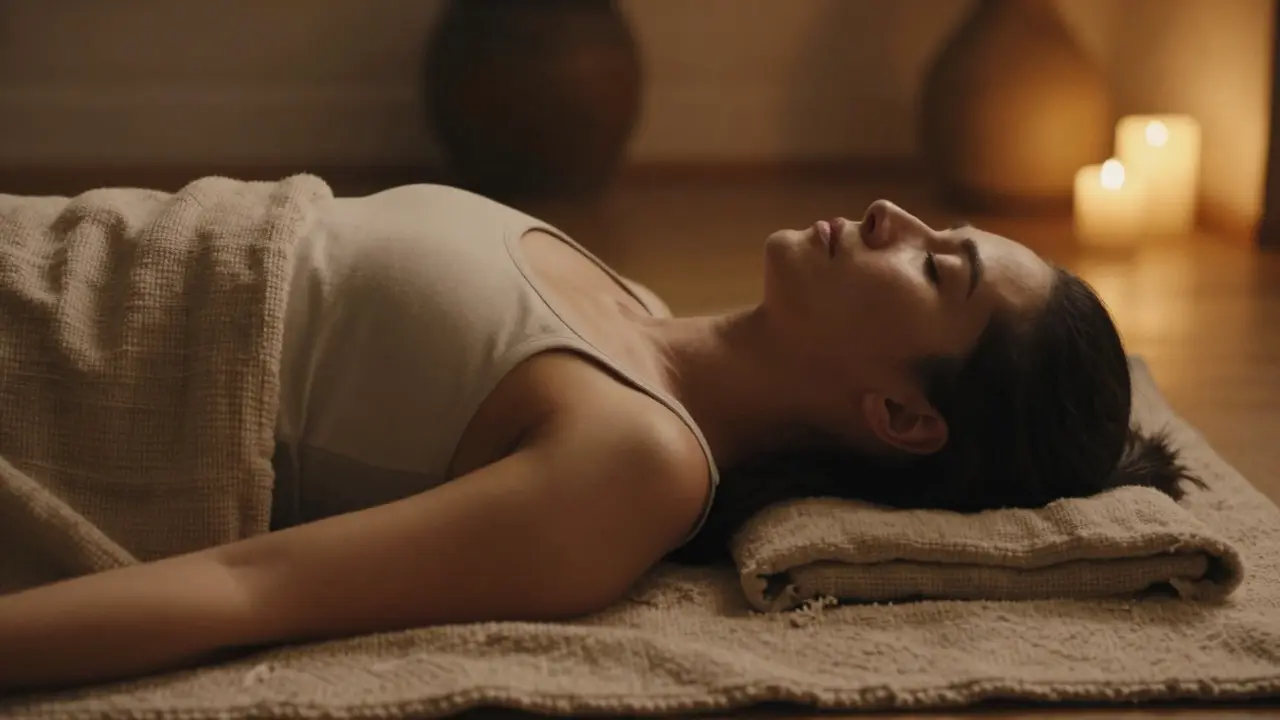 Close-up of a person lying in Savasana with warm, relaxing light