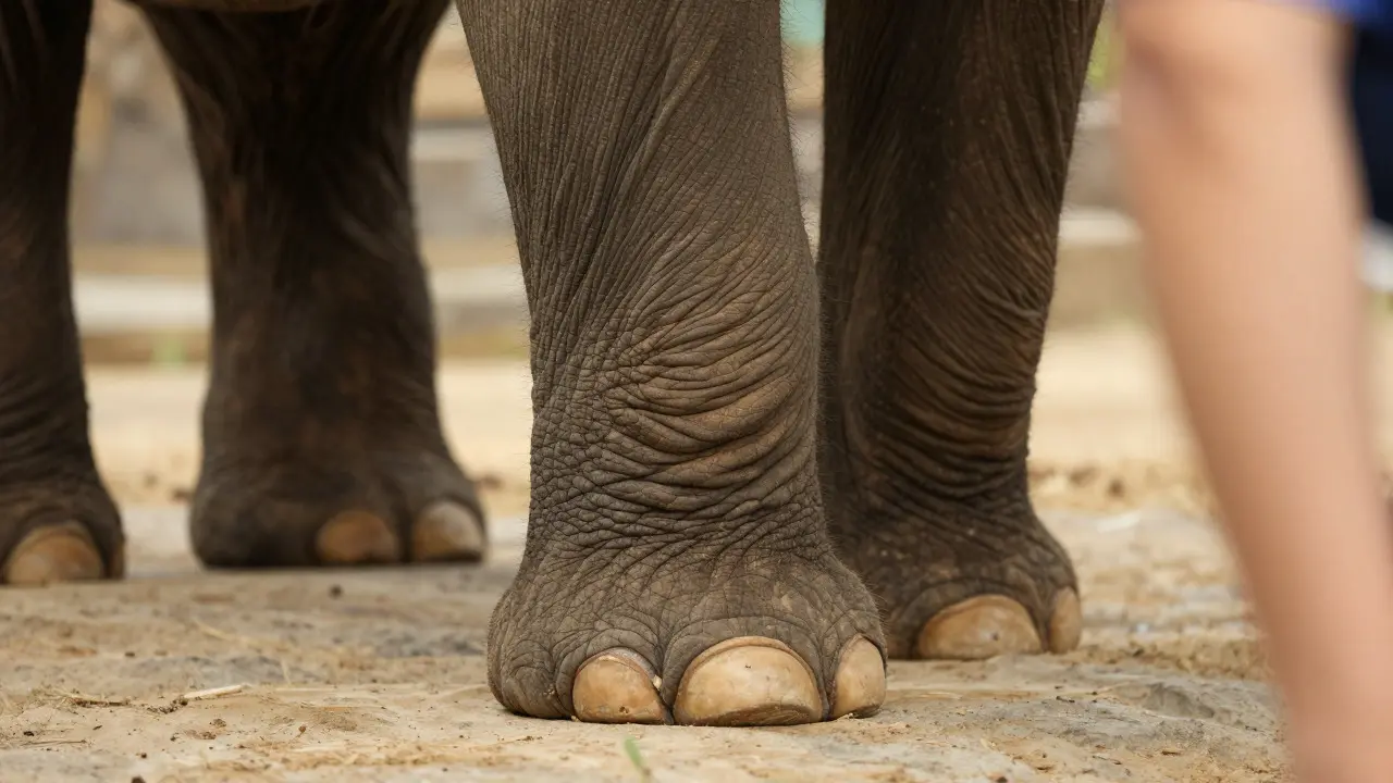 Close-up of an elephant's foot stepping gently near a person's body